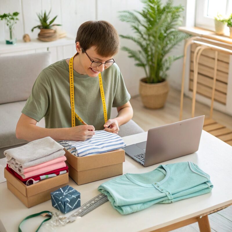 A person wearing glasses and a measuring tape around their neck sits at a table in a bright, cozy home environment, packing T-shirts into boxes with a laptop nearby.