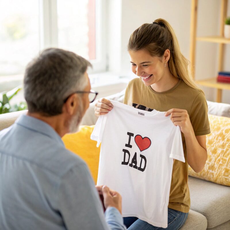 A young woman smiling while showing a custom-printed T-shirt with "I ❤️ Dad" to an older man sitting opposite her.