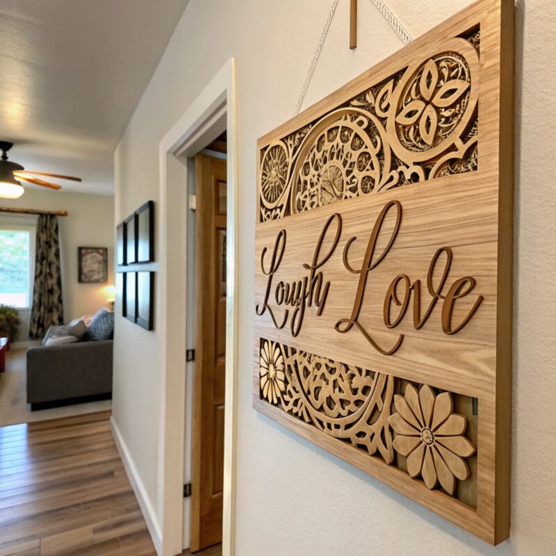 A decorative wooden wall art piece with the words "Laugh Love" in elegant script, featuring intricate floral and geometric patterns, hanging in a cozy hallway.