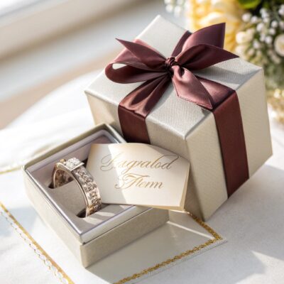 Elegant jewelry gift box with a diamond-studded ring and a brown satin ribbon, accompanied by a handwritten note.