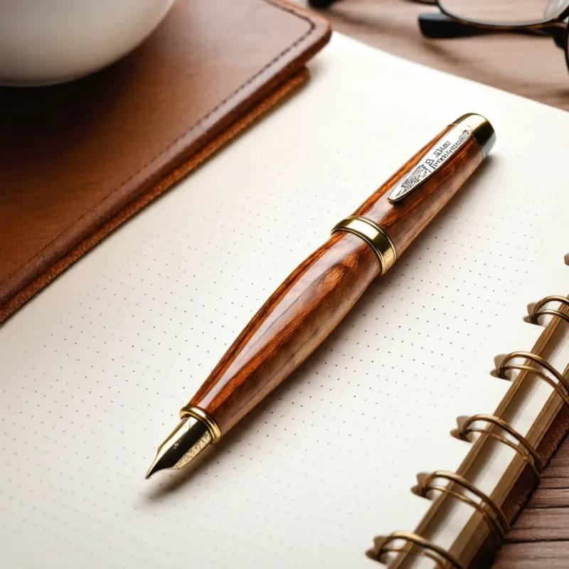 A luxurious wooden fountain pen with gold accents lies on an open dotted notebook. The pen's cap features intricate engravings. Nearby are a leather notebook cover and a pair of glasses.