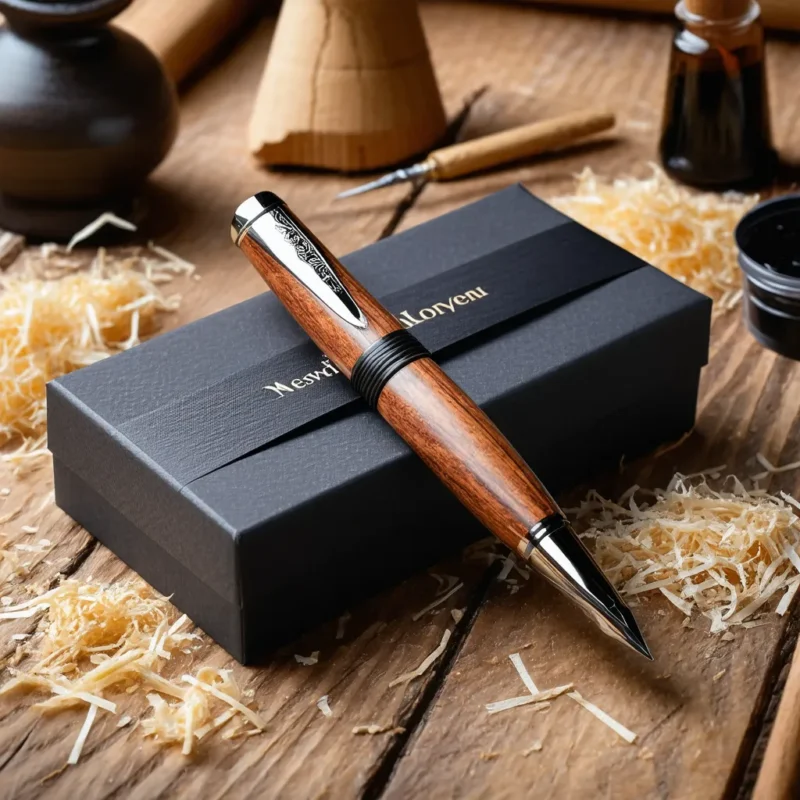 A polished wooden fountain pen with silver accents rests on a black gift box labeled "Newton Lorvent." The background features wood shavings and calligraphy tools, creating a rustic, artisan setting.