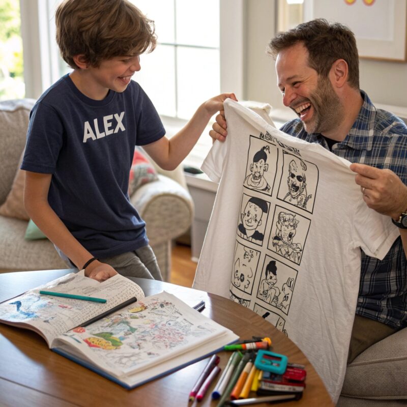 A boy and a man sitting at a table in a cozy living room, smiling as they examine a white T-shirt with black comic-style illustrations. Art supplies and open sketchbooks are spread out on the table.