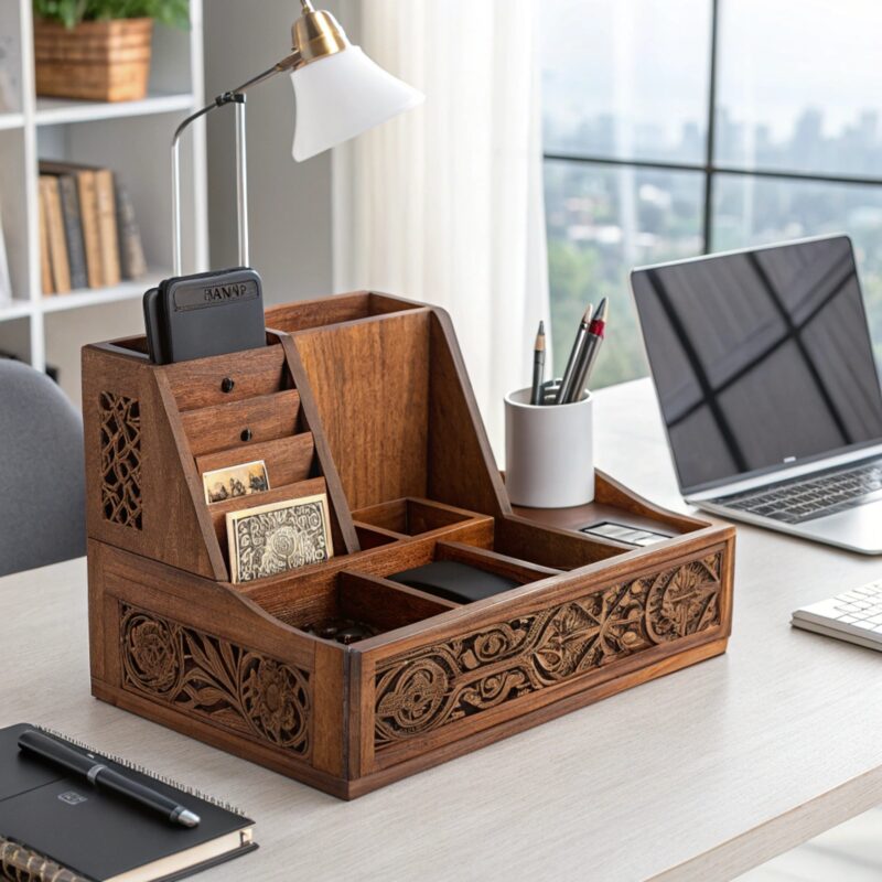 A wooden, intricately handcrafted desk organizer with multiple compartments for stationery and small items, set on a modern desk with a laptop, notepad, and lamp in an office environment.