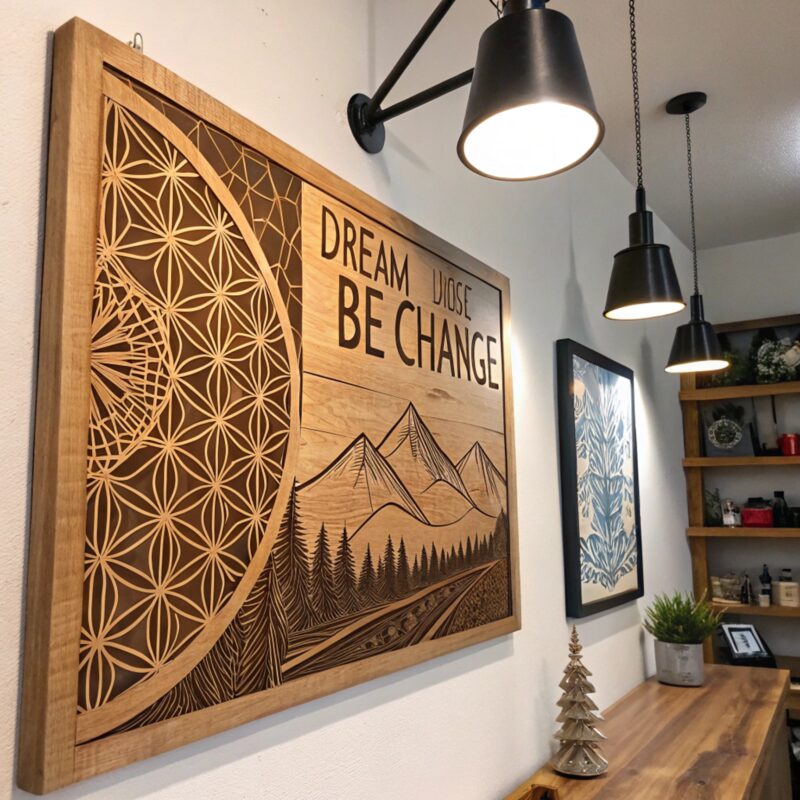 A decorative wooden wall art piece with the inspirational phrase "Dream, Choose, Be Change" alongside a mountain landscape and intricate geometric patterns, hanging in a modern room with pendant lights.