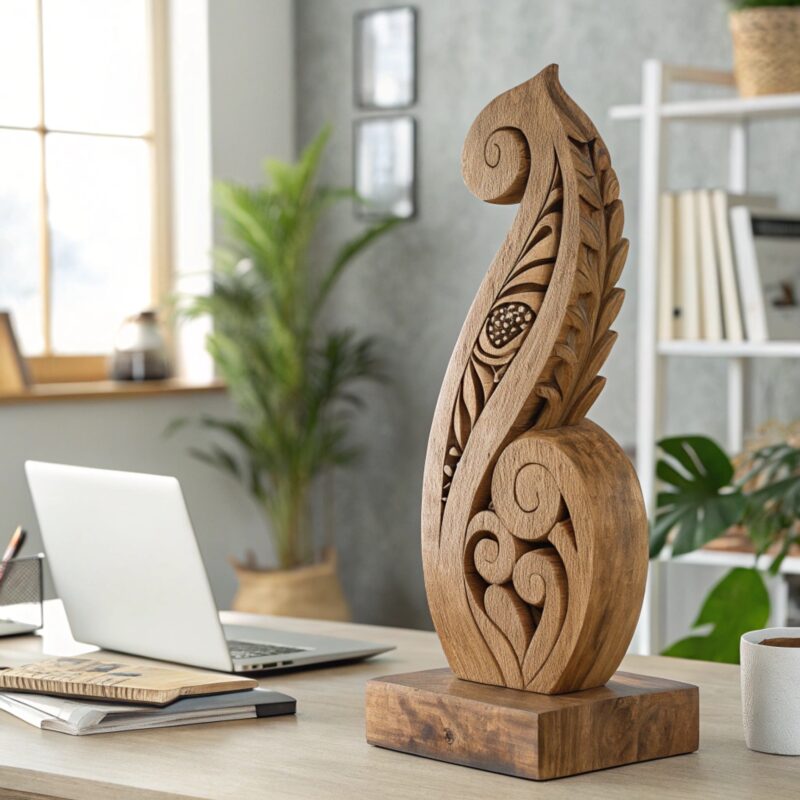 A wooden, intricately carved sculpture with swirling patterns and floral designs displayed on a modern desk with a laptop, notebooks, and indoor plants in the background.