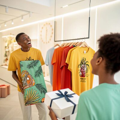 A vibrant boutique scene featuring two people laughing and interacting, one holding a colorful printed T-shirt and the other presenting a gift-wrapped box, with a rack of bright T-shirts in the background.