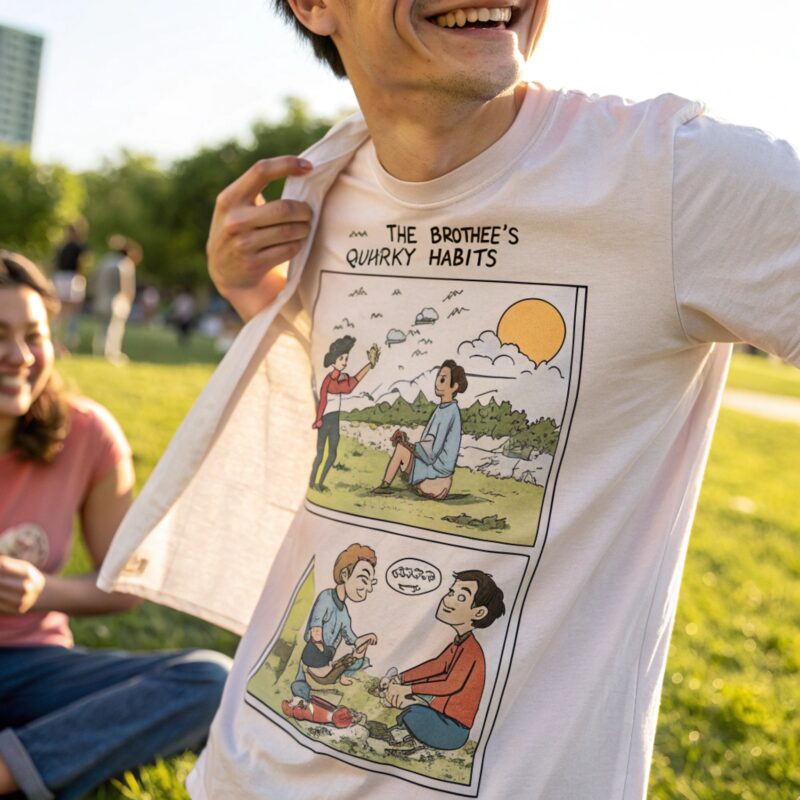 A man smiling and lifting his shirt slightly to reveal a white T-shirt with a comic-style design, featuring colorful illustrations of two scenes titled "The Brother's Quirky Habits." A woman is seated in the background on the grass, smiling, with a sunny park setting in the backdrop.