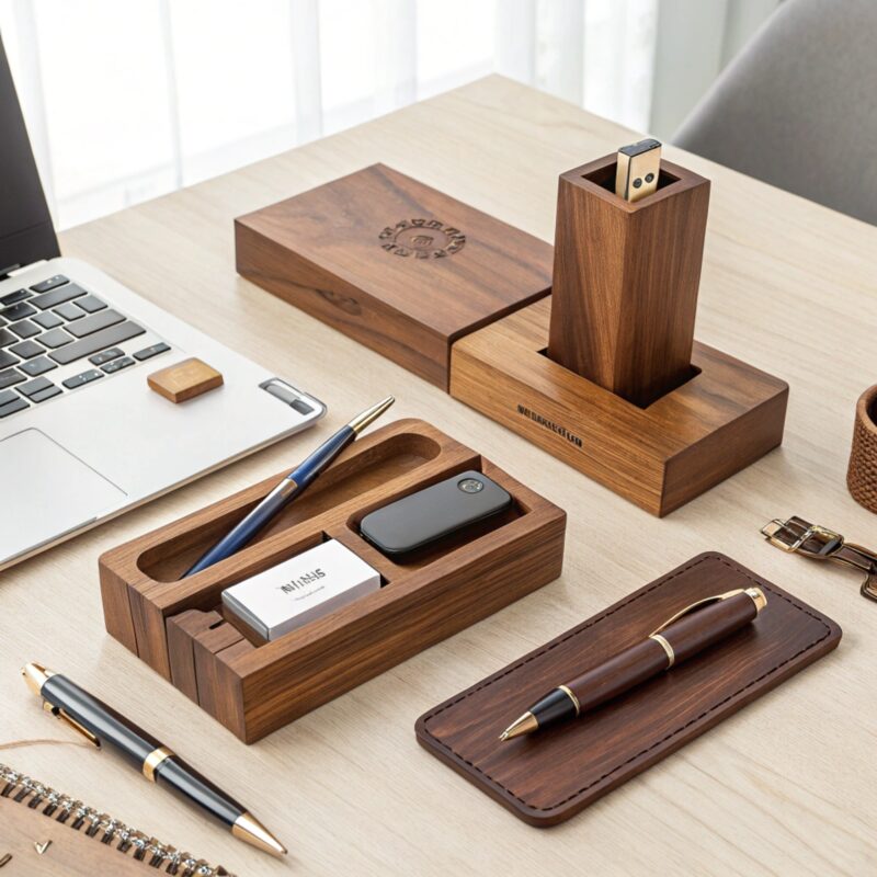 A modern desk setup featuring a collection of wooden organizers holding pens, business cards, and small electronic devices, next to a laptop and other desk accessories.