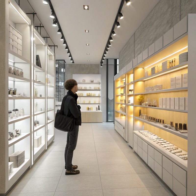 Person standing in a modern store, observing neatly arranged shelves filled with various products and decorative items, under warm lighting.