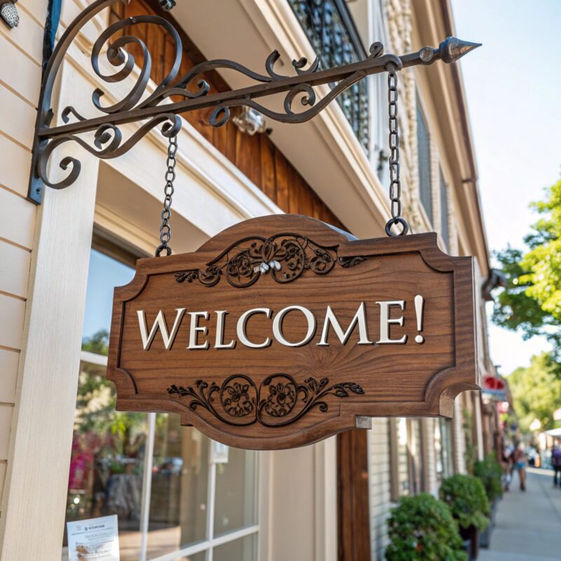 A decorative wooden sign with the word "WELCOME!" engraved in large white letters, hanging from an ornate black wrought iron bracket in front of a charming storefront.