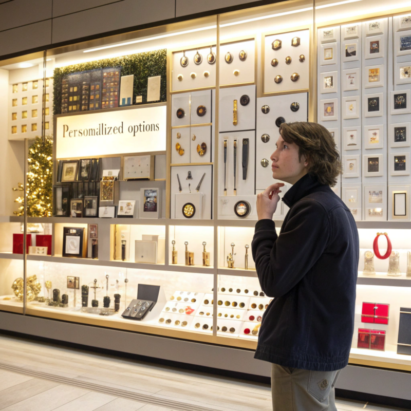 Person observing a display wall featuring personalized items and gift options, including jewelry, pens, and framed pieces in a modern store.