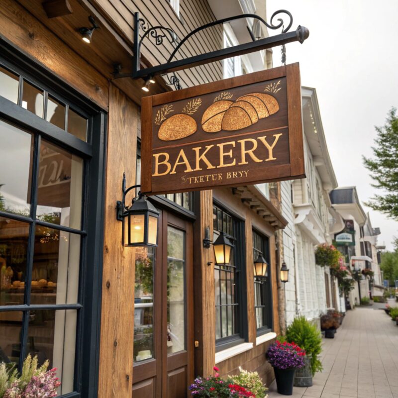 A bakery storefront with a wooden hanging sign featuring images of bread loaves and the word "BAKERY," surrounded by rustic decor, lanterns, and flower arrangements.