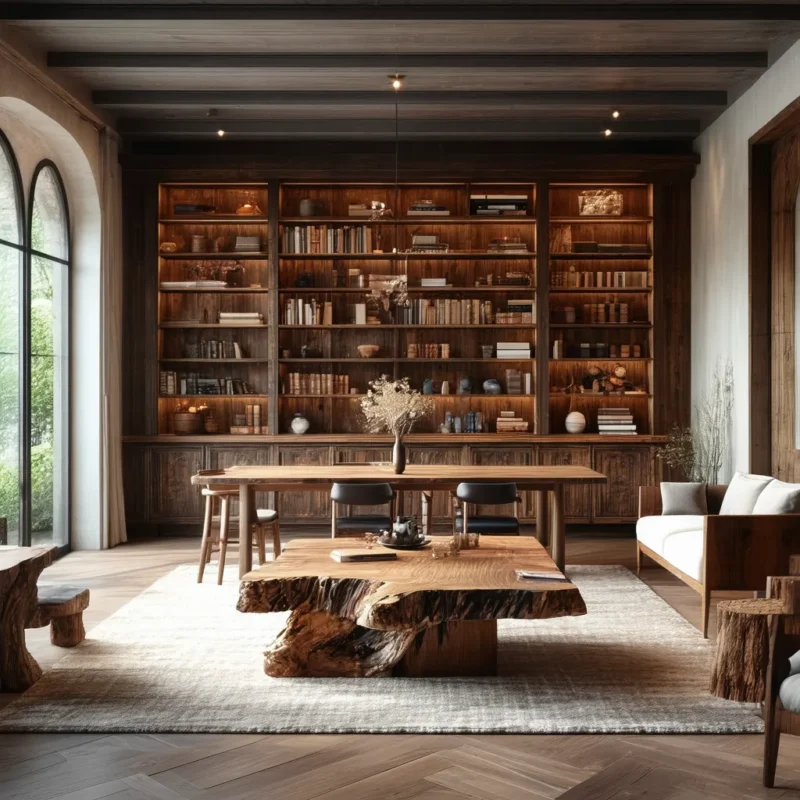 Elegant rustic library room with a large wooden bookshelf, live-edge wood furniture, and a serene atmosphere.