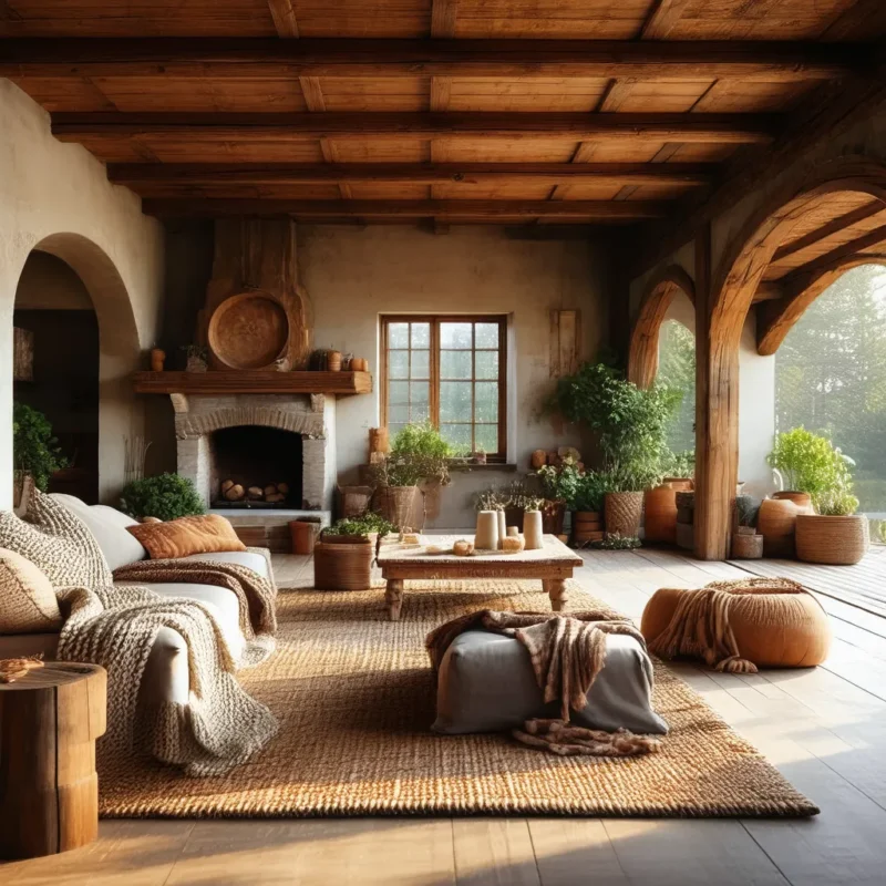 Cozy rustic living room with a large fireplace, wooden beams, and natural decor.