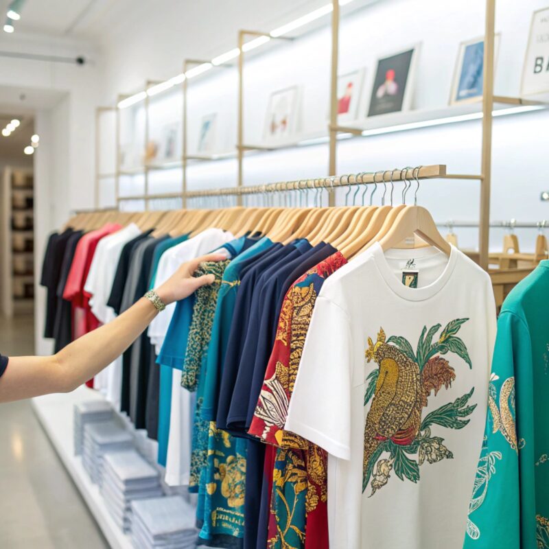 A well-lit boutique showcasing a neatly arranged rack of colorful T-shirts, with a hand selecting a vibrant patterned design among the collection. The shop's interior features minimalistic wooden fixtures and framed artwork on display shelves.