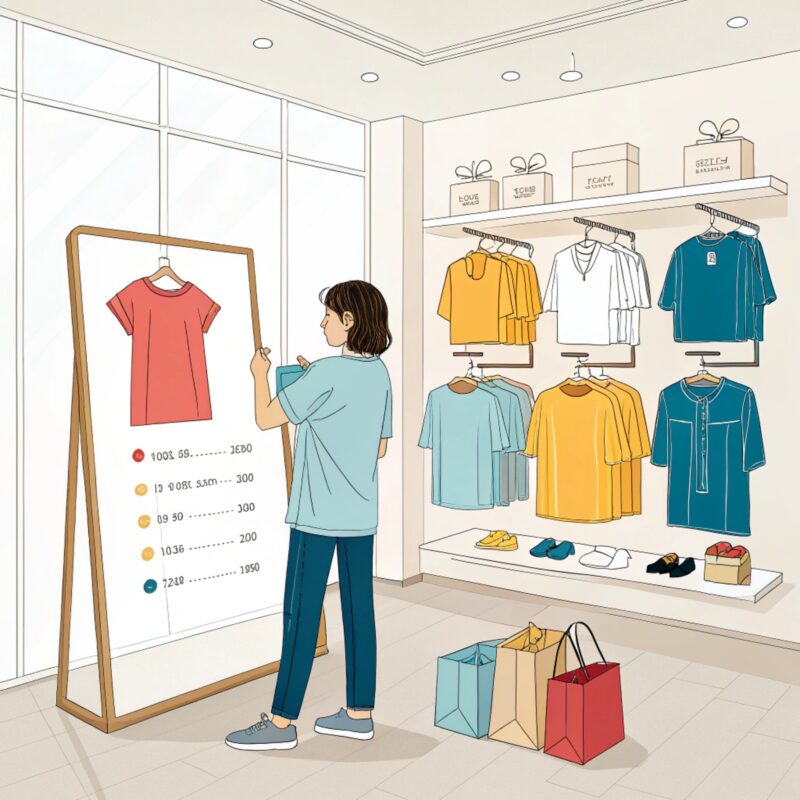 An illustrated scene of a modern clothing store where a person is examining a T-shirt on a display board, with colorful shirts, shoes, and shopping bags visible in the background.