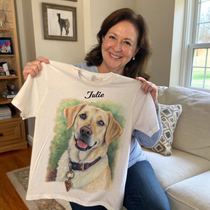 A smiling woman holding up a white T-shirt featuring a realistic portrait of a Labrador dog with the name "Julie" printed above the image.