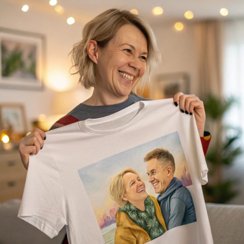 A woman beams with joy as she holds up a personalized T-shirt featuring a colorful printed portrait of a smiling couple.