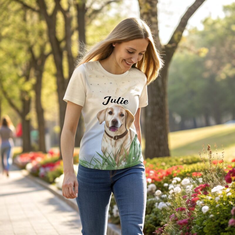 A young woman walking through a park wearing a white T-shirt with a realistic portrait of a Labrador dog and the name "Julie" printed above it.