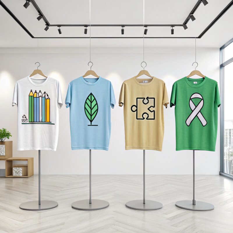 Four colorful graphic t-shirts displayed on modern stands in a bright and stylish showroom. The designs feature pencils, a leaf, a puzzle piece, and a ribbon symbol.