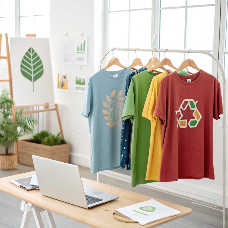 Four distinct t-shirts with eco-themed designs hanging on a rack in a bright, eco-friendly workspace with a laptop on a wooden desk and a leafy poster in the background.