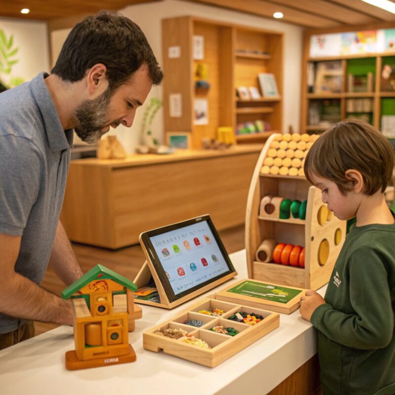 A bearded man and a young child in a toy shop interacting with educational wooden toys and a digital tablet on a white table.