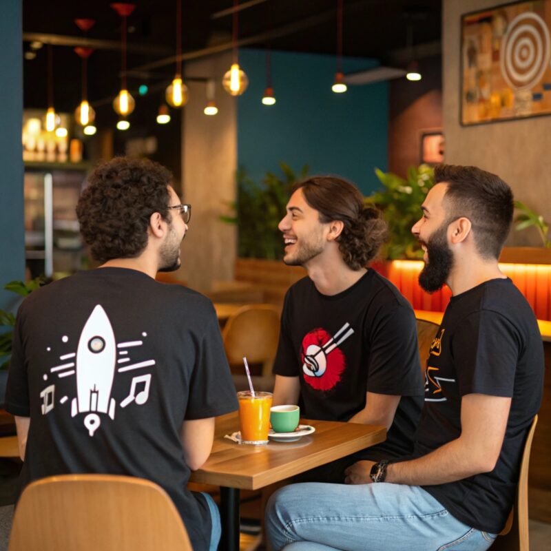 Three young men sitting at a wooden table in a modern café, laughing and engaging in conversation. They are wearing graphic black t-shirts with creative designs, and colorful drinks are placed on the table.