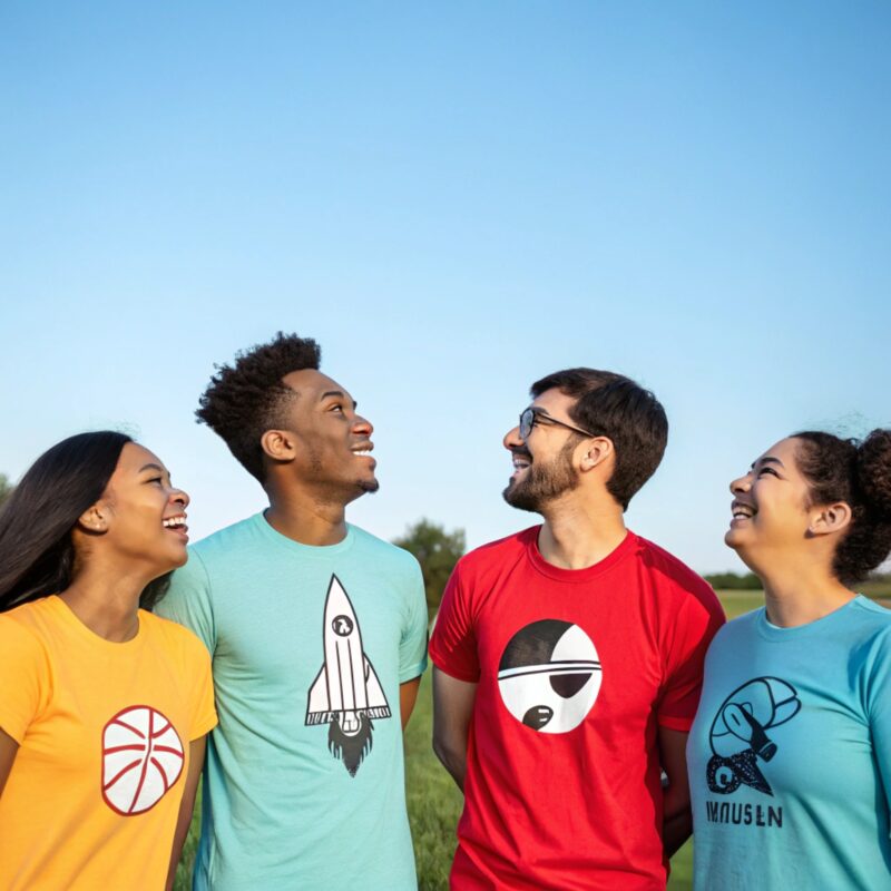 Four diverse friends standing outdoors in a grassy field under a clear blue sky, smiling and looking at each other. They are wearing colorful t-shirts with playful graphic designs.