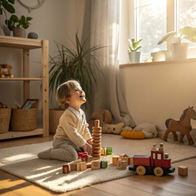 A small child with blonde hair smiles while sitting on a beige rug, playing with wooden blocks and a red toy train in a cozy, sunlit room.