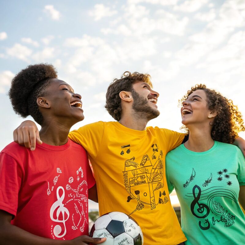 A diverse group of three friends outdoors, smiling and embracing under a sunny sky with light clouds. They are wearing colorful t-shirts with creative designs, and one holds a soccer ball.