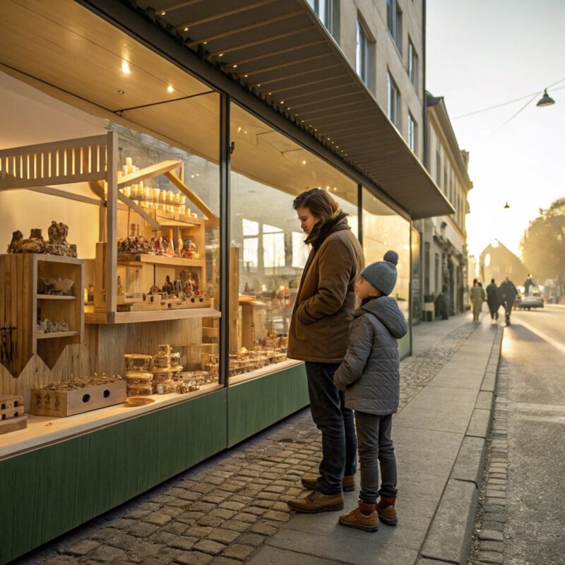 A parent and child in warm winter clothing stand on a cobblestone sidewalk, gazing at a toy store window display filled with wooden crafts and miniature items.