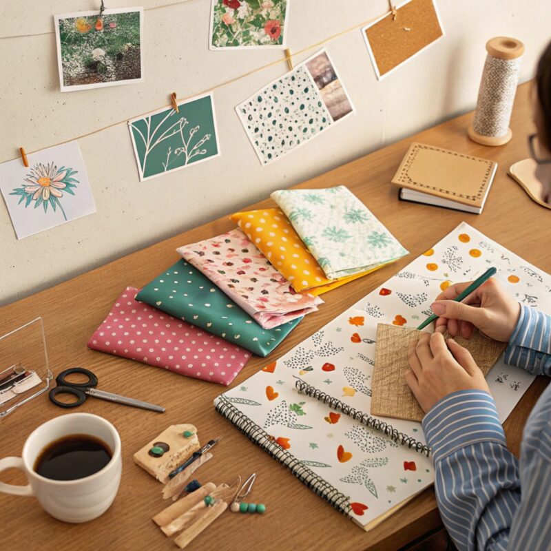 A cozy workspace featuring colorful fabrics, crafting tools, and a person sketching on a notebook with vibrant patterns, surrounded by inspirational photos and decor.