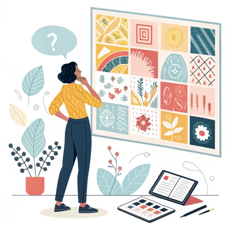 An illustration of a woman standing thoughtfully in front of a colorful inspiration board displaying various patterns and designs, surrounded by plants, a tablet, and art supplies.