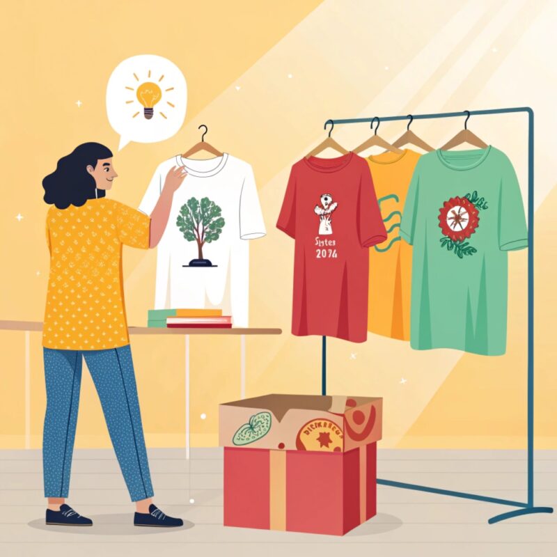 An illustration of a woman browsing through a rack of colorful t-shirts with unique designs, a light bulb in her thought bubble symbolizing inspiration, with gift boxes and books nearby.