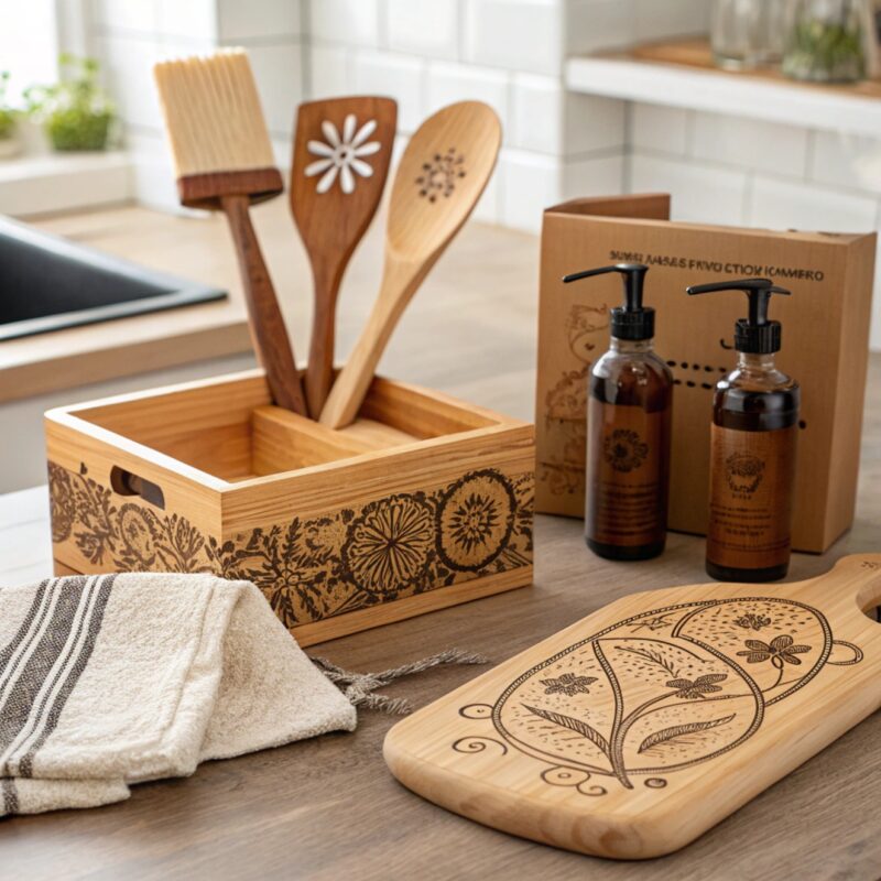 Wooden utensils and a storage box with floral engravings alongside a decorative cutting board and amber soap dispensers in a modern kitchen.