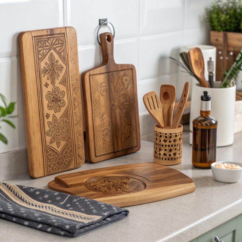 Engraved wooden cutting boards, utensils, and a spice tray on a modern kitchen countertop.