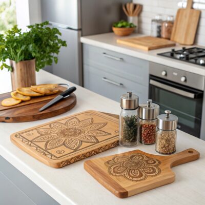 Decorative bamboo cutting boards with intricate mandala engravings in a modern kitchen.