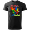 "Fly High, Live Bold" T-Shirt featuring a vibrant parrot design on a black shirt.