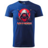 Ninja-inspired Blade of Vengeance T-shirt in blue, featuring a bold ninja mask and swords design with a red sun.