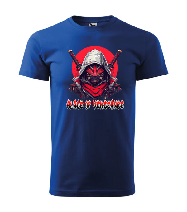 Ninja-inspired Blade of Vengeance T-shirt in blue, featuring a bold ninja mask and swords design with a red sun.