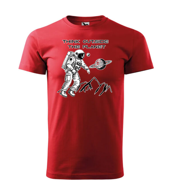 "Think Outside the Planet T-shirt with astronaut and planet design in red."