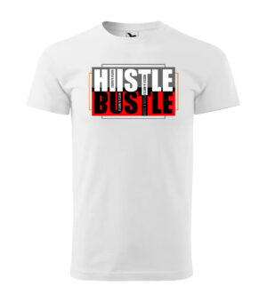 A T-shirt featuring the "Hustle & Bustle" graphic design in bold colors.