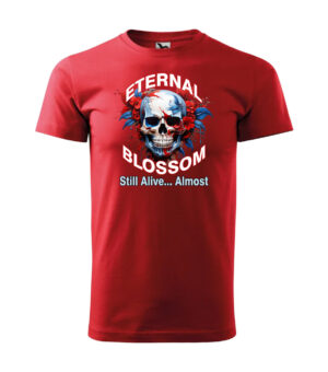 A red T-shirt featuring the bold "Eternal Blossom" design with a vibrant skull surrounded by red flowers.