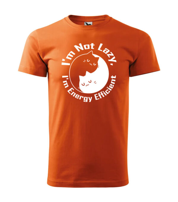 "Orange T-shirt with 'I'm Not Lazy, I'm Energy Efficient' cat design – Yin-yang-inspired cute and funny graphic."