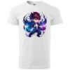 A white T-shirt featuring a dynamic design of a heroic anime character with vibrant blue and purple accents.