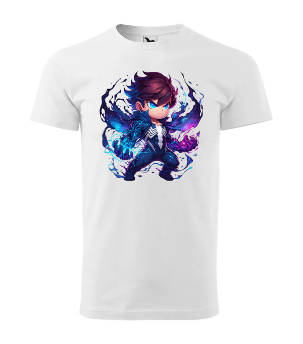 A white T-shirt featuring a dynamic design of a heroic anime character with vibrant blue and purple accents.