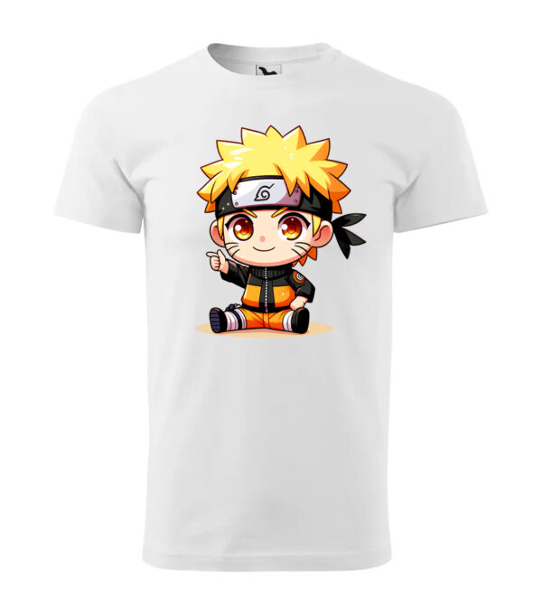 A white T-shirt featuring an adorable anime ninja character in vibrant colors.