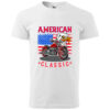 A white T-shirt featuring a vibrant design of a red motorcycle and a bald eagle with the American flag in the background, titled "American Classic."