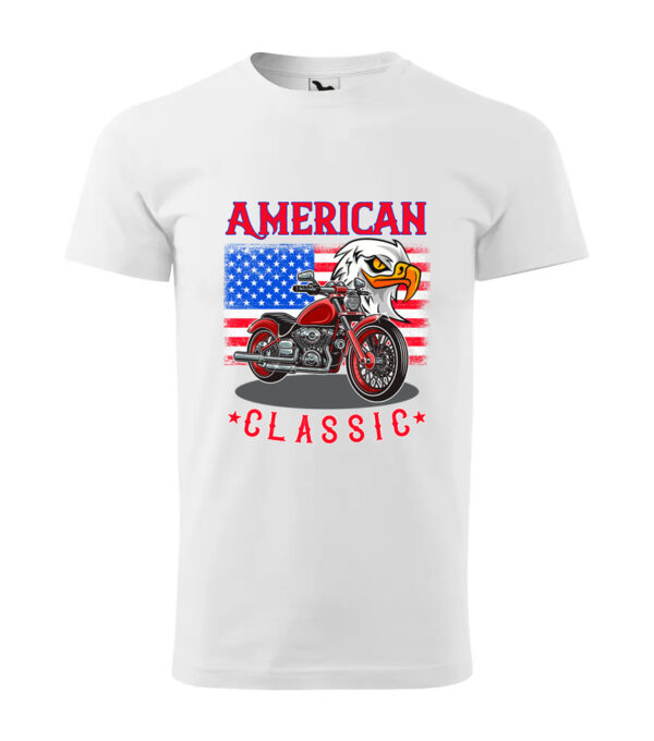 A white T-shirt featuring a vibrant design of a red motorcycle and a bald eagle with the American flag in the background, titled "American Classic."